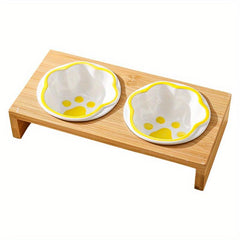 Non Slip Ceramic Pet Food Bowl With Bamboo Frame Double Bowl Stylish And Durable