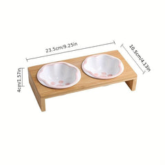 Non Slip Ceramic Pet Food Bowl With Bamboo Frame Double Bowl Stylish And Durable