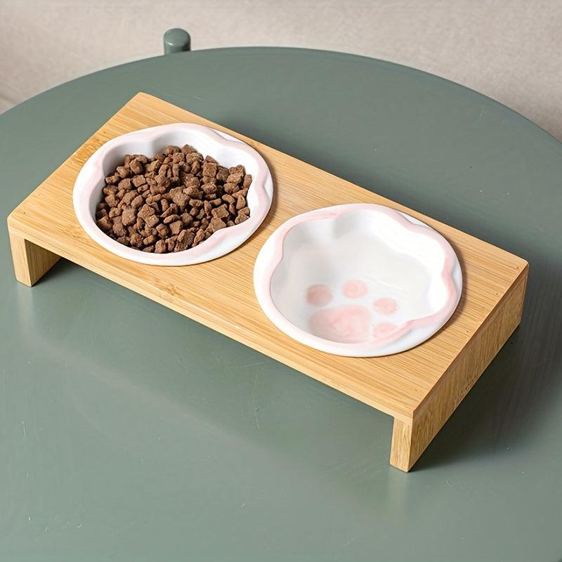 Non Slip Ceramic Pet Food Bowl With Bamboo Frame Double Bowl Stylish And Durable