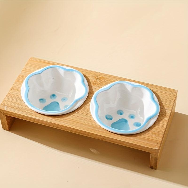 Non Slip Ceramic Pet Food Bowl With Bamboo Frame Double Bowl Stylish And Durable