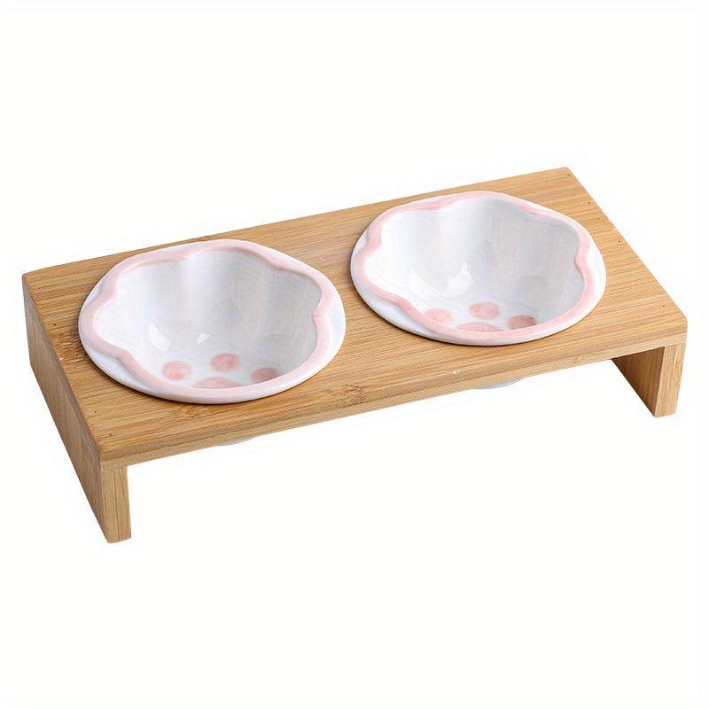 Non Slip Ceramic Pet Food Bowl With Bamboo Frame Double Bowl Stylish And Durable