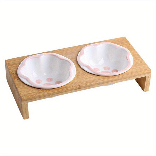 Non Slip Ceramic Pet Food Bowl With Bamboo Frame Double Bowl Stylish And Durable