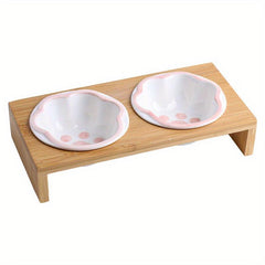 Non Slip Ceramic Pet Food Bowl With Bamboo Frame Double Bowl Stylish And Durable
