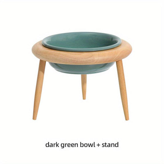 Adjustable Elevated Ceramic Pet Bowl with Wooden Stand