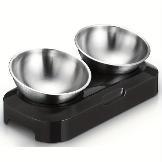 Raised Tilted Cat Double Bowls Stainless Steel Feeder with Stand
