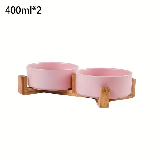 Ceramic Raised Pet Bowl with Wooden Stand