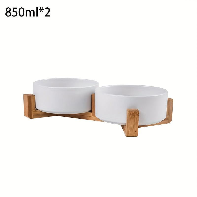 Ceramic Raised Pet Bowl with Wooden Stand
