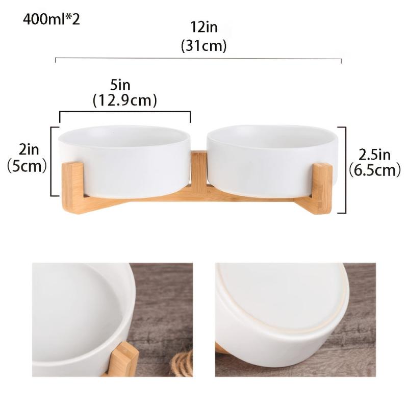 Ceramic Raised Pet Bowl with Wooden Stand