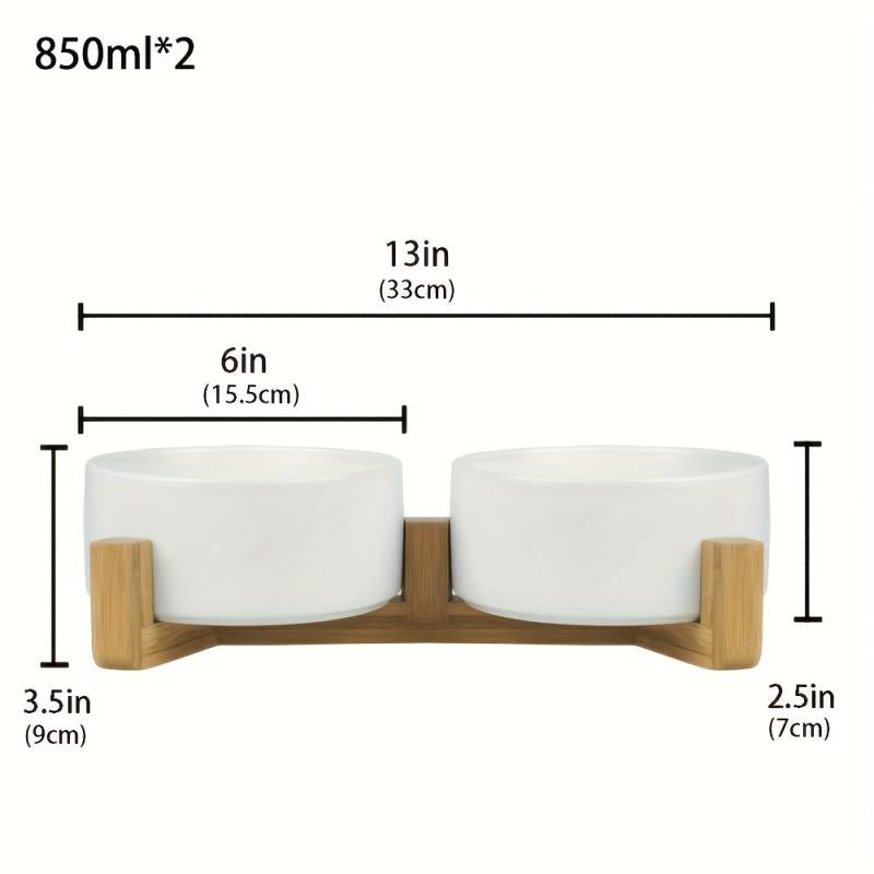 Ceramic Raised Pet Bowl with Wooden Stand
