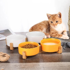 Ceramic Raised Pet Bowl with Wooden Stand