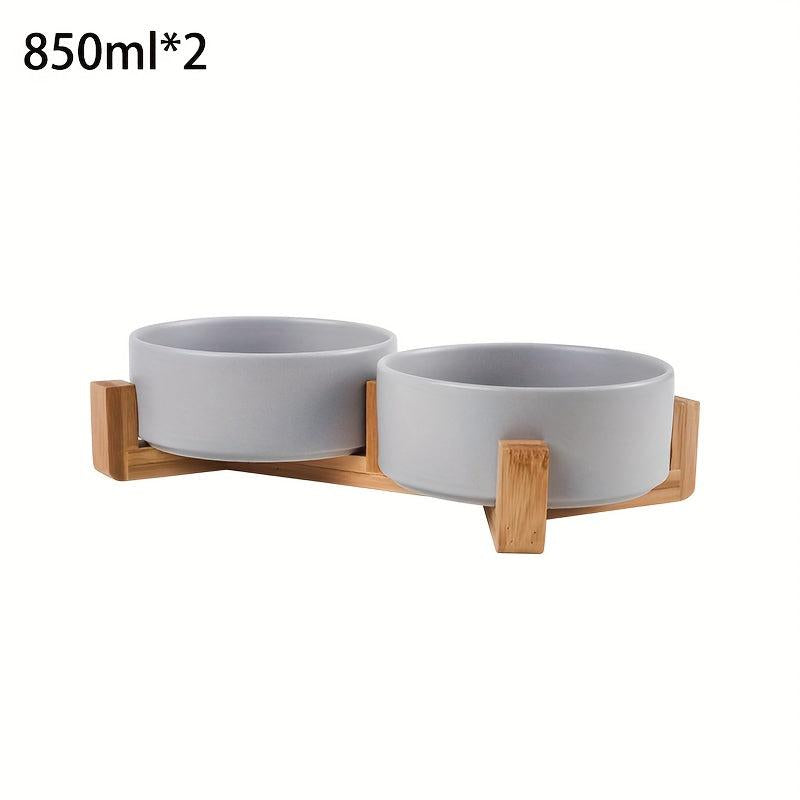Ceramic Raised Pet Bowl with Wooden Stand