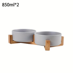 Ceramic Raised Pet Bowl with Wooden Stand
