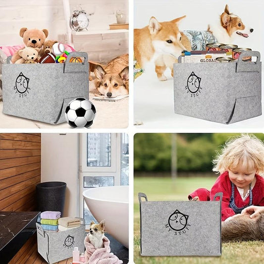 Foldable Dog Toy Storage Bin with Handle Soft Felt Rectangular Basket