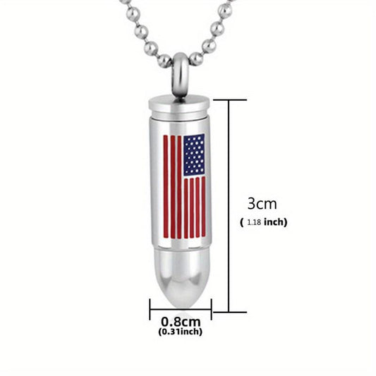 Stainless Steel American Flag Bullet Pendant Cremation Urn Necklace