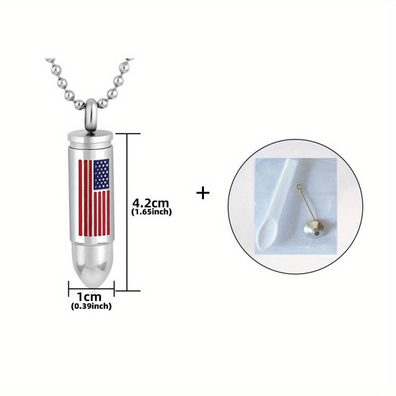 Stainless Steel American Flag Bullet Pendant Cremation Urn Necklace