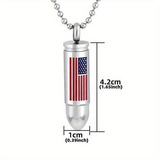 Stainless Steel American Flag Bullet Pendant Cremation Urn Necklace