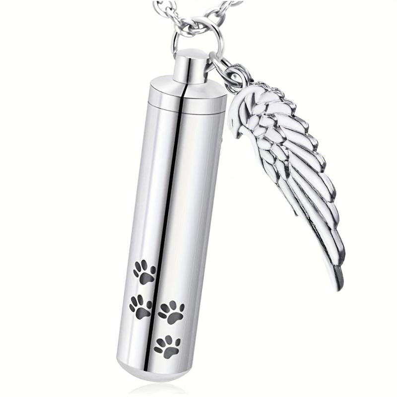 Cylinder Cremation Urn Necklace For Ashes With Angel Wing