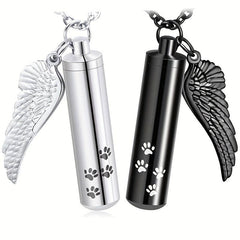 Cylinder Cremation Urn Necklace For Ashes With Angel Wing