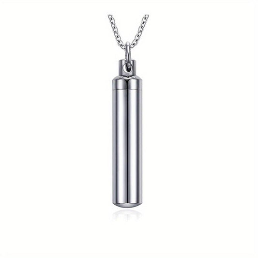 Stainless Steel Cremation Necklace for Ashes with Silver Urn Cylinder