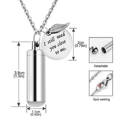 Cylinder Pet Ashes Necklace with Angel Wing - Memorial Keepsake Pendant