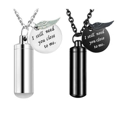 Cylinder Pet Ashes Necklace with Angel Wing - Memorial Keepsake Pendant