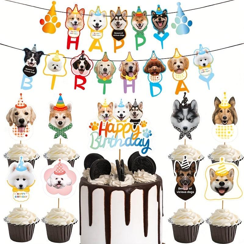 Pet Party Decoration Set - Cat and Dog Banner Flag with Bakery Inserts