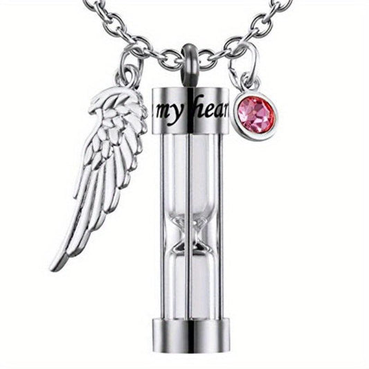 Timeless Hourglass Cremation Necklace with Angel Wing