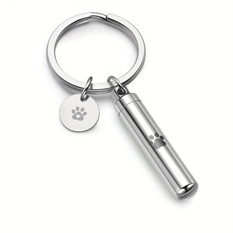 Stainless Steel Pet Paw Cylinder Urn Keychain - Ash Keepsake
