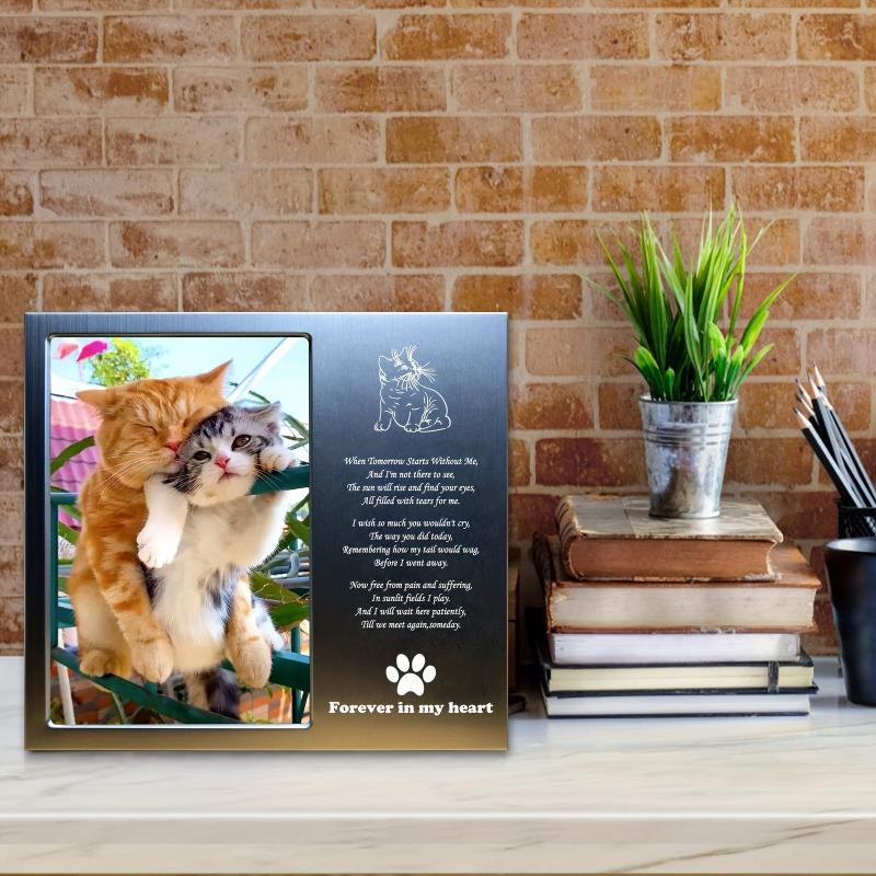 JOEZITON Cat Memorial Gift Personalized Metal Wood Pet Memorial Picture Frame