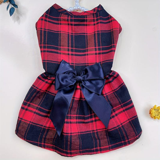 Pet Red Plaid Dog Dress With Bowknot Decor Puppy And Cat Skirt