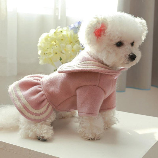 Letter Patch Sailor Collar Pet Dress Autumn Winter Dog Warm Clothes