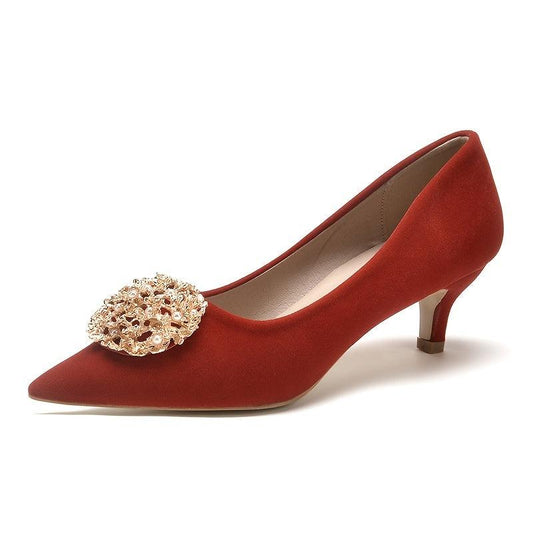 Red Pointed Toe Low Heel Pumps with Faux Pearls