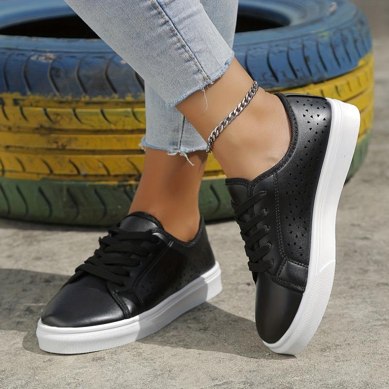 Women's Low Top Skate Shoes Hollow Out Lace Up Sneakers Flat Walking Shoes