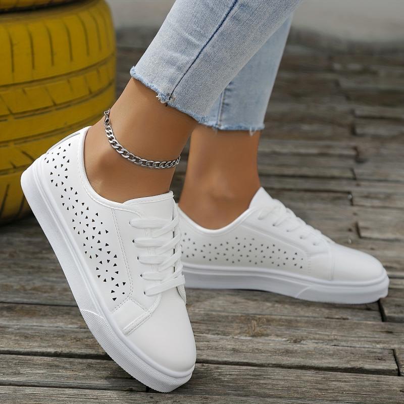 Women's Low Top Skate Shoes Hollow Out Lace Up Sneakers Flat Walking Shoes