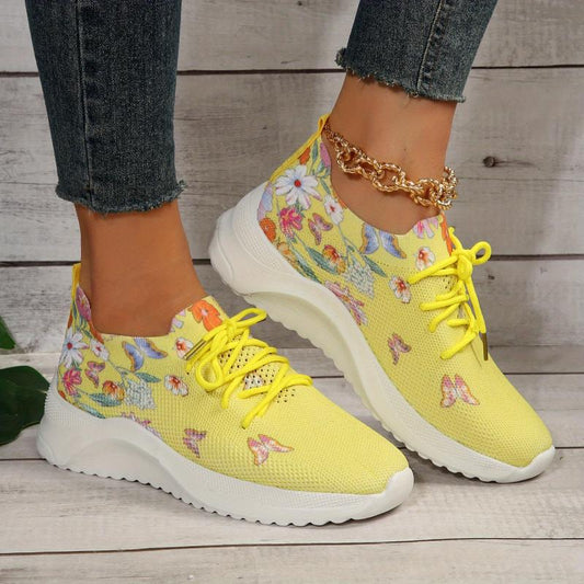 Women's Floral Sneakers Breathable Low Top Lace Up Shoes