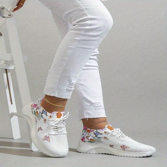 Women's Floral Sneakers Breathable Low Top Lace Up Shoes