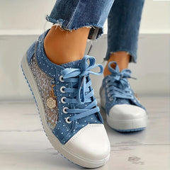 Women's Flower Pattern Mesh Low Top Sneakers Lace Up Shoes