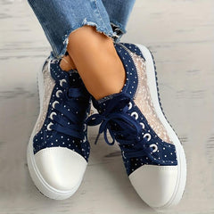 Women's Flower Pattern Mesh Low Top Sneakers Lace Up Shoes