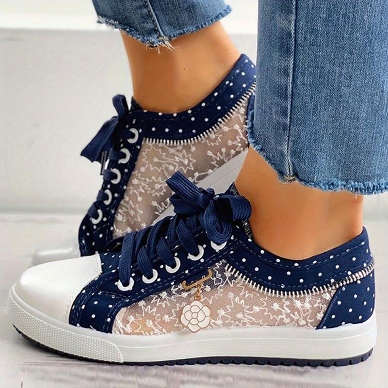 Women's Flower Pattern Mesh Low Top Sneakers Lace Up Shoes