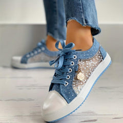 Women's Flower Pattern Mesh Low Top Sneakers Lace Up Shoes