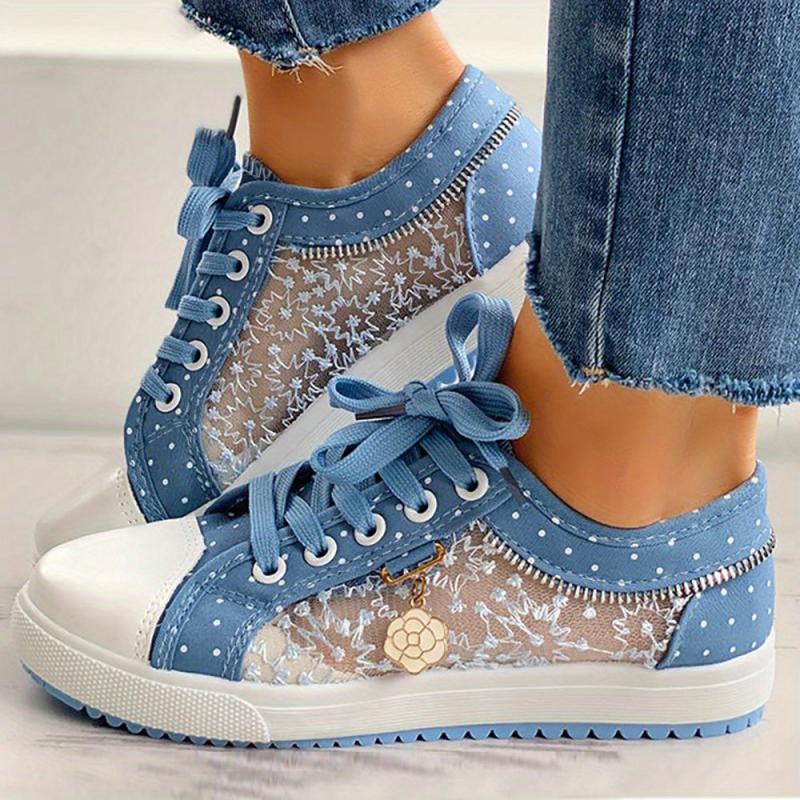 Women's Flower Pattern Mesh Low Top Sneakers Lace Up Shoes