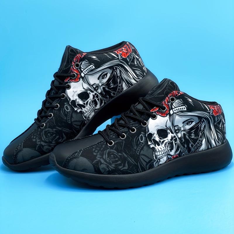Women's Rose & Skull Printed Sneakers Gothic Style Halloween Shoes