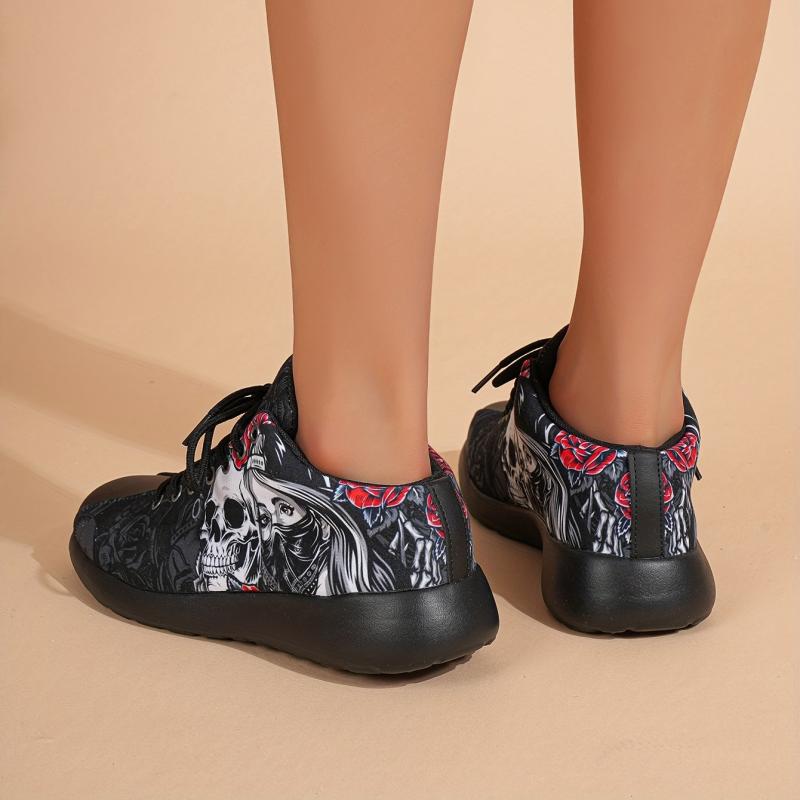 Women's Rose & Skull Printed Sneakers Gothic Style Halloween Shoes