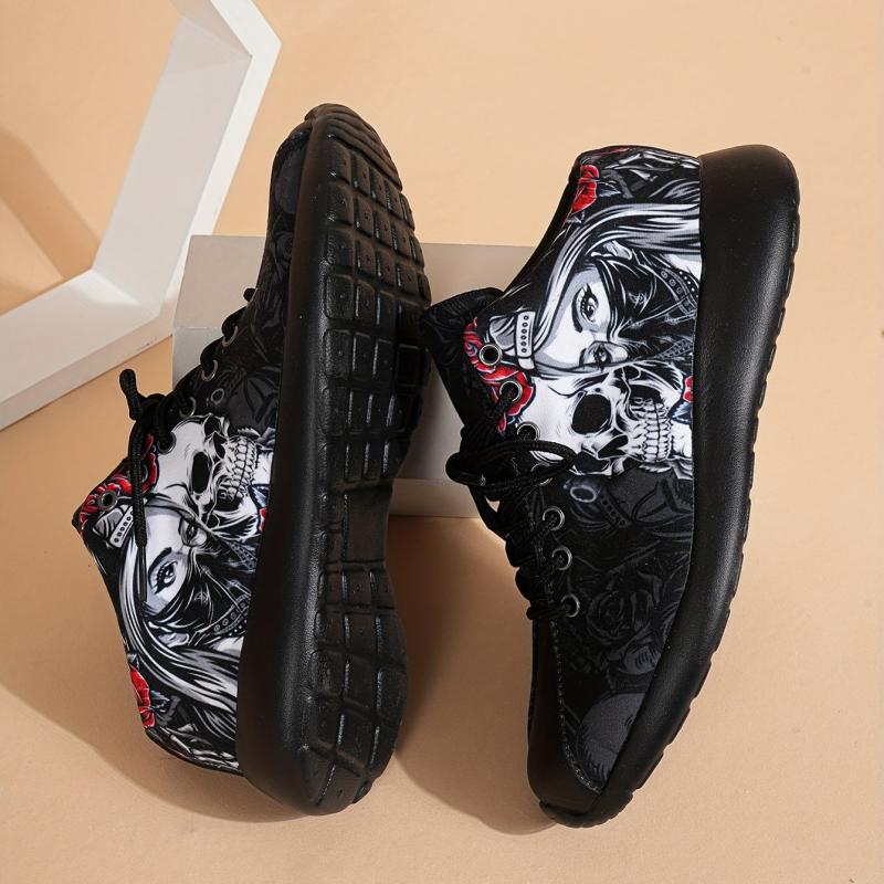 Women's Rose & Skull Printed Sneakers Gothic Style Halloween Shoes