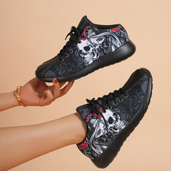 Women's Rose & Skull Printed Sneakers Gothic Style Halloween Shoes