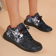 Women's Rose & Skull Printed Sneakers Gothic Style Halloween Shoes