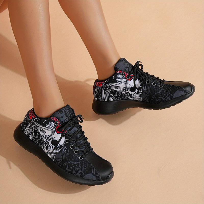Women's Rose & Skull Printed Sneakers Gothic Style Halloween Shoes