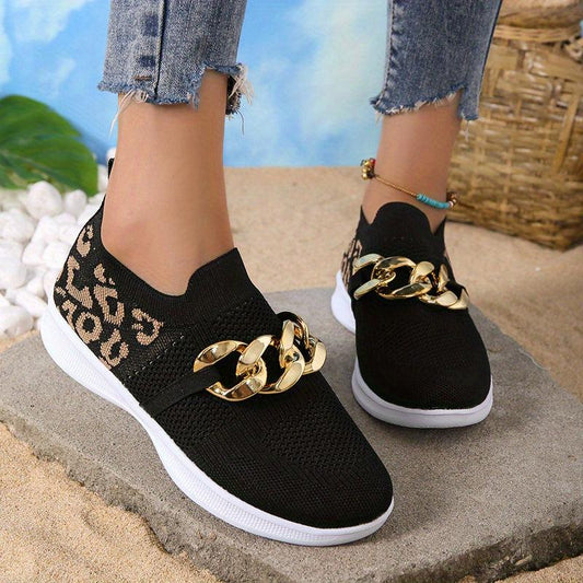 Leopard Print Sneakers with Chain Decor - Breathable Knit Low Top Shoes