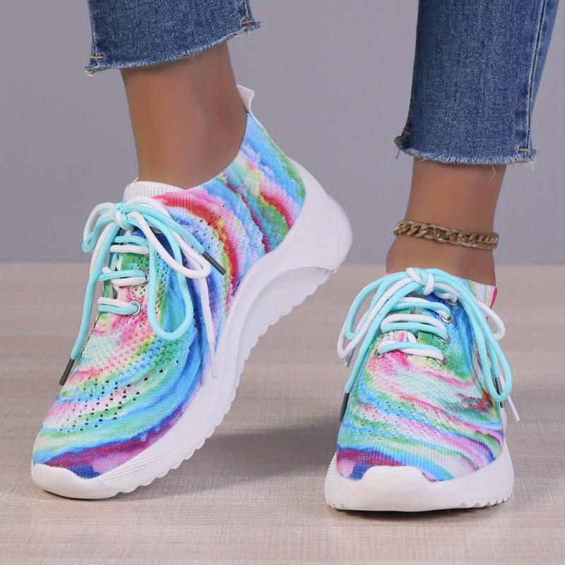 Women's Tie Dye Sports Shoes Comfy Knit Lace Up Running Shoes