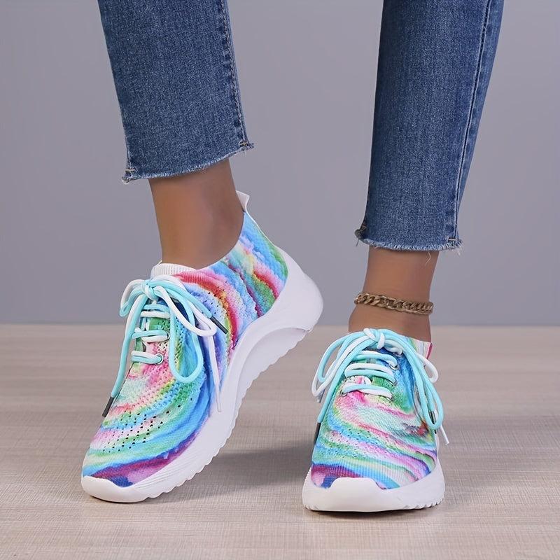 Women's Tie Dye Sports Shoes Comfy Knit Lace Up Running Shoes